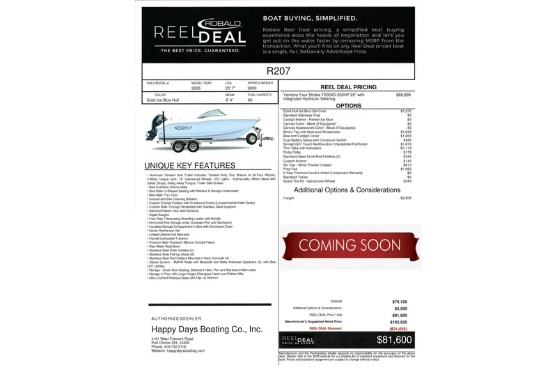 Slide: The Image of 2026 Robalo R207 Dual Console boat brochure with pricing and features, "Coming Soon" banner. - 14