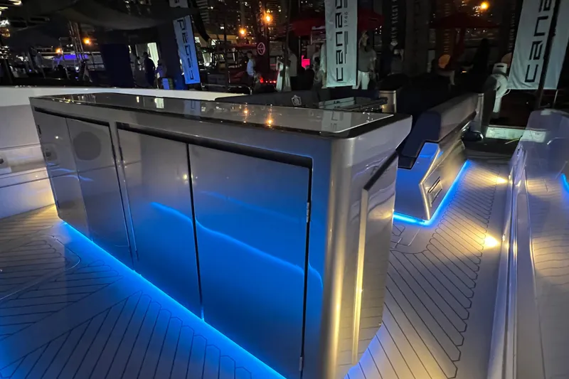 Slide: The Image of 2023 Canados 493 Gladiator yacht interior with sleek design and blue LED lighting. - 37