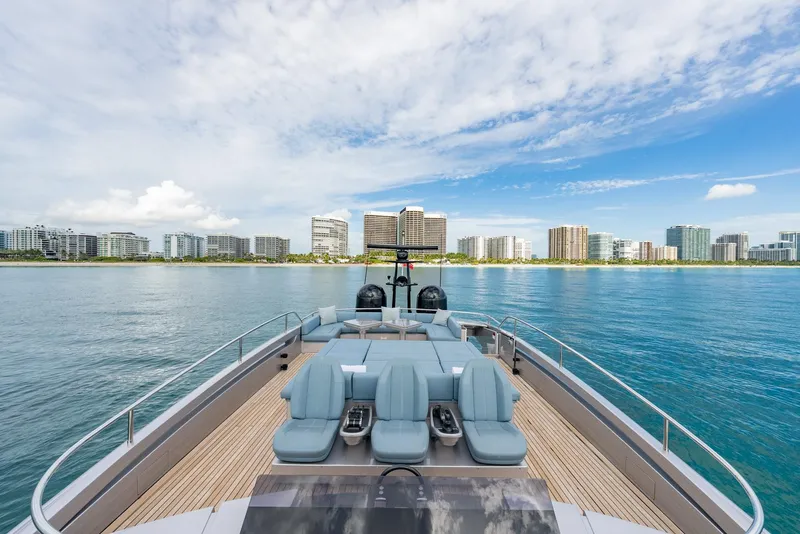 Slide: The Image of Luxury Pershing 9X yacht deck with city skyline view, 2021 model. - 44