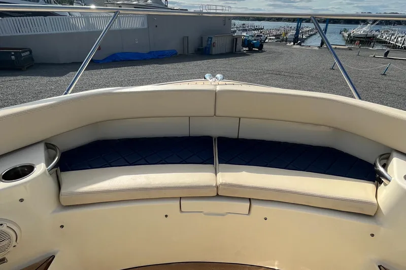 Slide: The Image of 2016 Chris-Craft Launch 36 boat interior with cushioned seating and cup holders. - 48