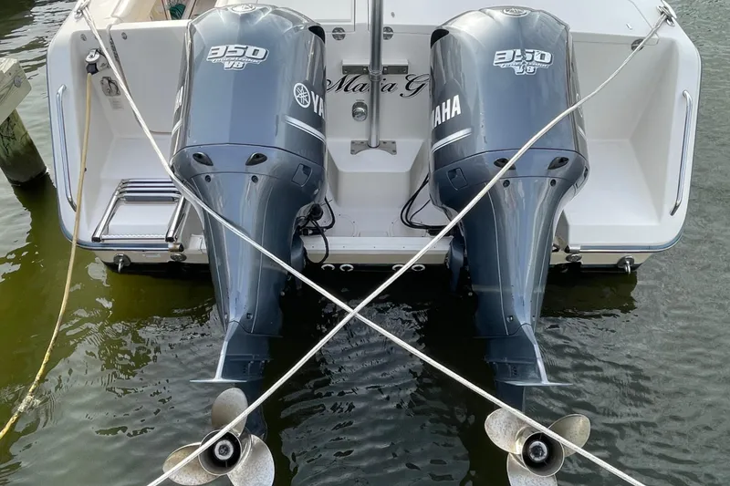 Slide: The Image of 2016 Grady-White Freedom 335 boat with twin Yamaha 350 V8 outboard engines. - 56