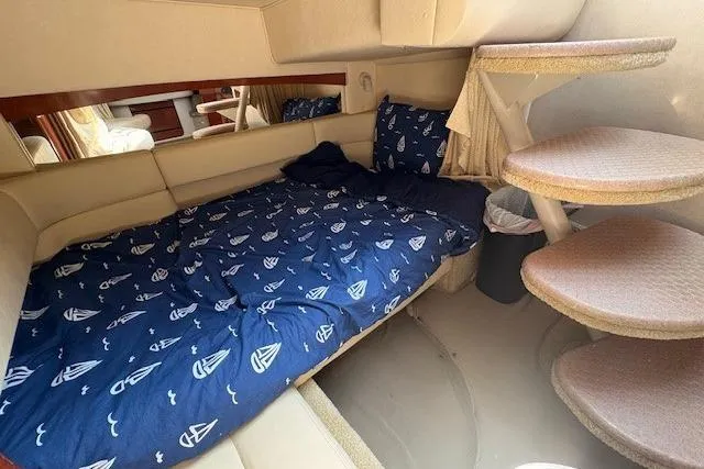 Slide: The Image of 2004 Sea Ray 320 Sundancer cabin interior with nautical-themed bedding and carpeted steps. - 16