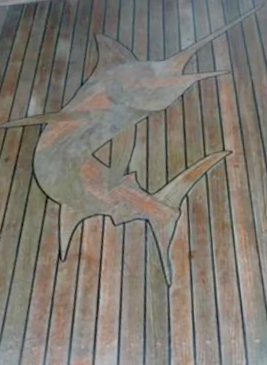 Slide: The Image of Teak deck with marlin inlay on 1987 Tollycraft Pilothouse Motor Yacht. - 34