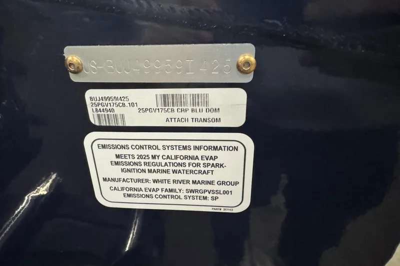 Slide: The Image of 2025 Tracker Pro Guide V-175 Combo emissions control label on marine vessel. - 5