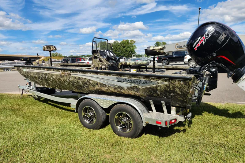 Slide: The Image of 2024 Ranger RB200 boat with camouflage design on a trailer, parked outdoors. - 5