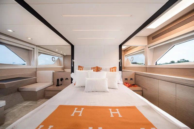 Slide: The Image of Luxurious 2019 Filippetti S55 yacht bedroom with modern design and panoramic windows. - 12