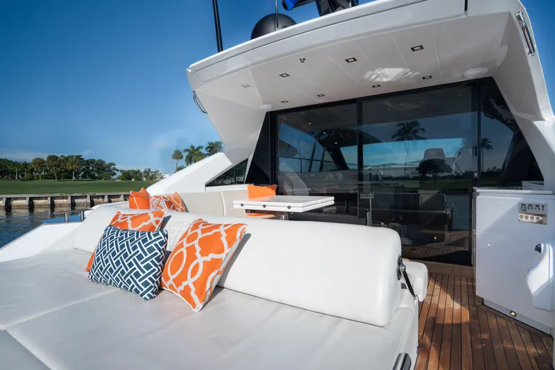 Slide: The Image of Luxurious 2019 Filippetti S55 yacht with elegant outdoor seating and vibrant cushions. - 4