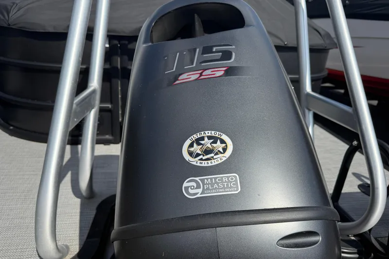 Slide: The Image of 2025 Bentley Pontoons Legacy 220 Navigator engine with ultra-low emission and microplastic collection features. - 3