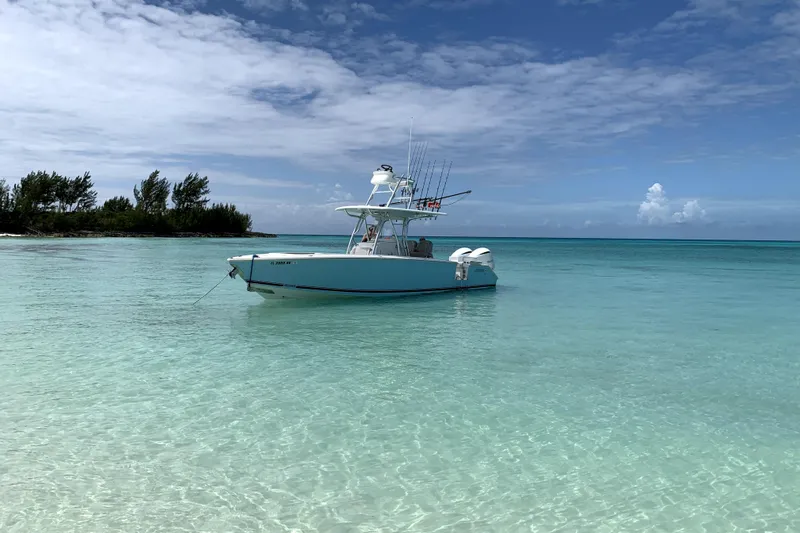 The Image of 2019 Jupiter 30 HFS boat anchored in clear turquoise water under a blue sky. - 0