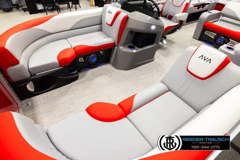 Slide: The Image of 2026 Avalon LSZ Vrl boat interior with red and gray seating, modern design. - 10