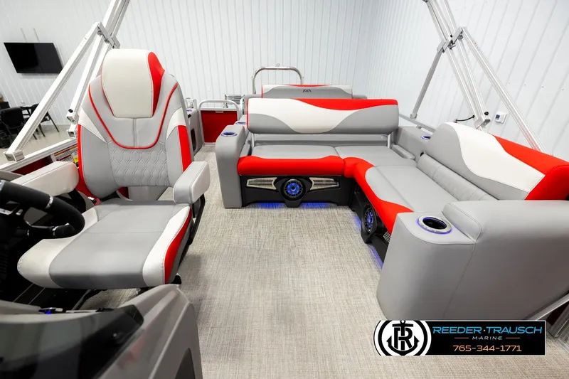 Slide: The Image of 2026 Avalon LSZ Vrl boat interior with modern seating and sleek design. - 14