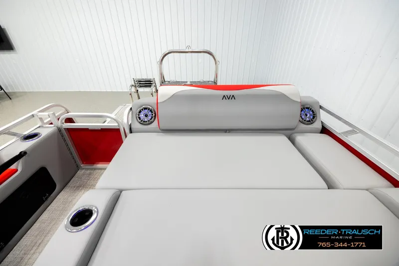 Slide: The Image of 2026 Avalon LSZ Vrl boat interior with gray seating and integrated speakers. - 15