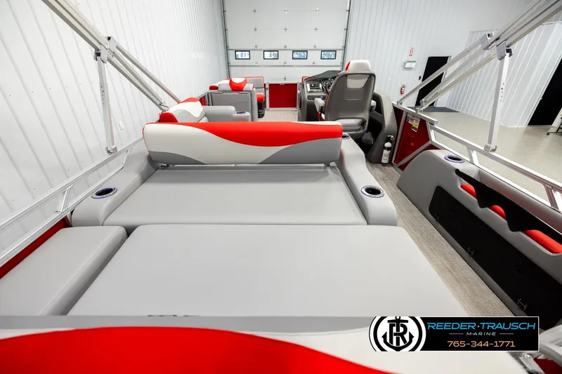 Slide: The Image of 2026 Avalon LSZ Vrl boat interior with red and gray seating, modern design. - 16