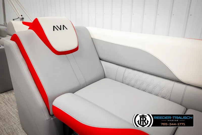 Slide: The Image of 2026 Avalon LSZ Vrl boat seat with red and gray accents, Reeder-Trausch Marine logo. - 41