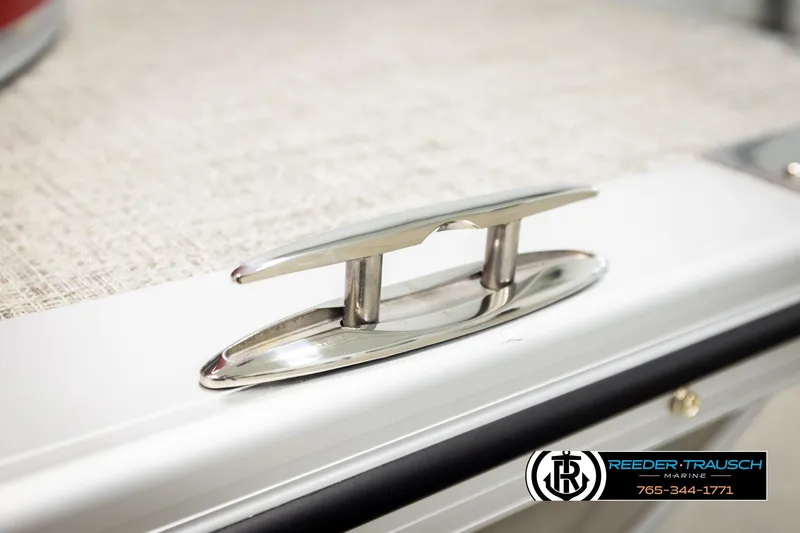 Slide: The Image of Stainless steel cleat on 2026 Avalon LSZ Vrl boat, Reeder-Trausch Marine logo visible. - 53