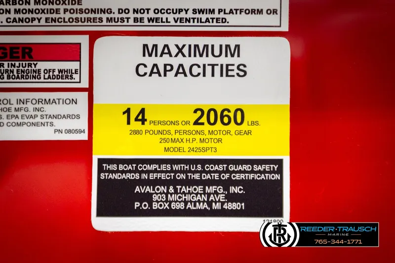Slide: The Image of 2026 Avalon LSZ Vrl boat capacity label, 14 persons or 2060 lbs, safety compliance. - 54
