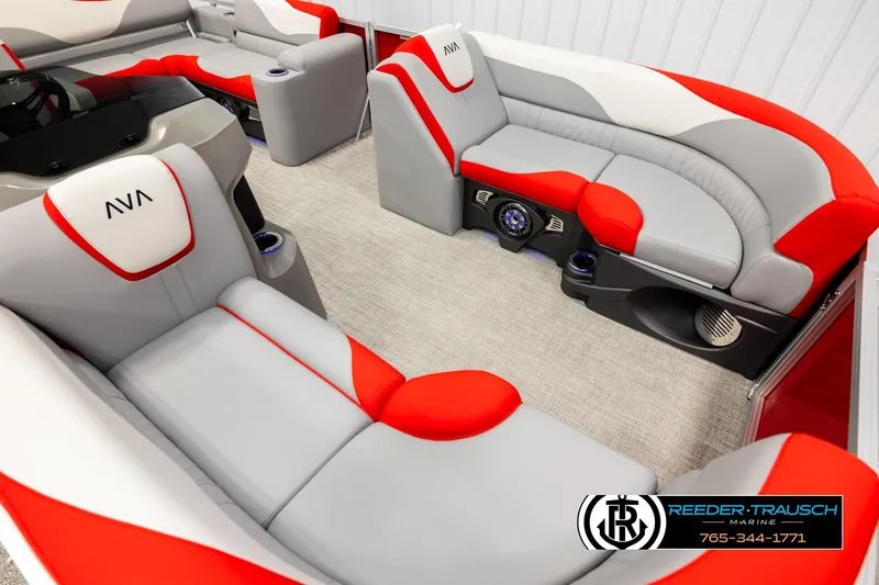 Slide: The Image of Luxurious 2026 Avalon LSZ Vrl boat interior with red and gray seating, featuring cup holders and speakers. - 9