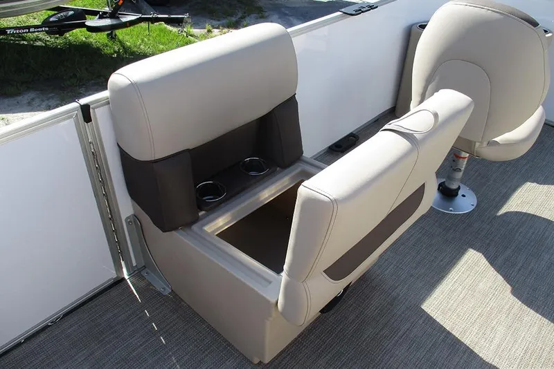 Slide: The Image of 2026 Bentley Pontoons 243 Fish CWT interior seating with cup holders and storage. - 22