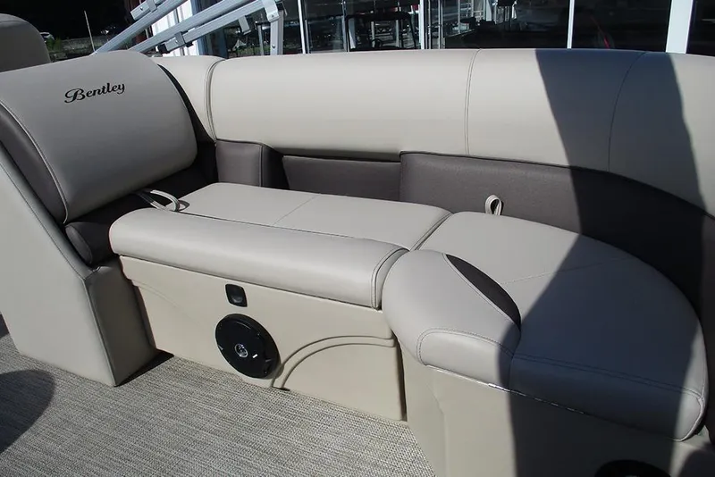 Slide: The Image of Luxurious seating on 2026 Bentley Pontoons 243 Fish CWT, featuring elegant beige upholstery. - 25