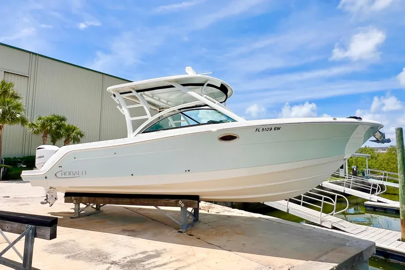 The Image of 2019 Robalo R317 Dual Console boat on display at marina with clear blue sky. - 0