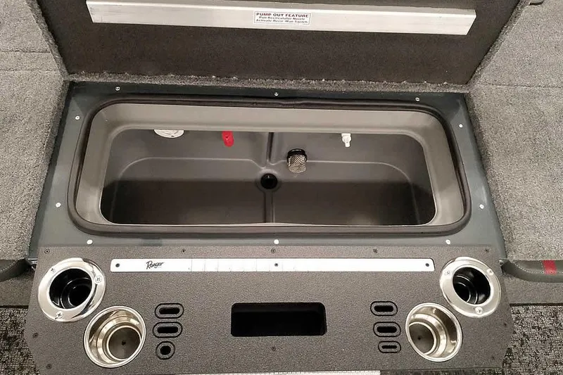 Slide: The Image of Ranger VX1988 WT 2026 boat livewell with cup holders and control panel. - 36