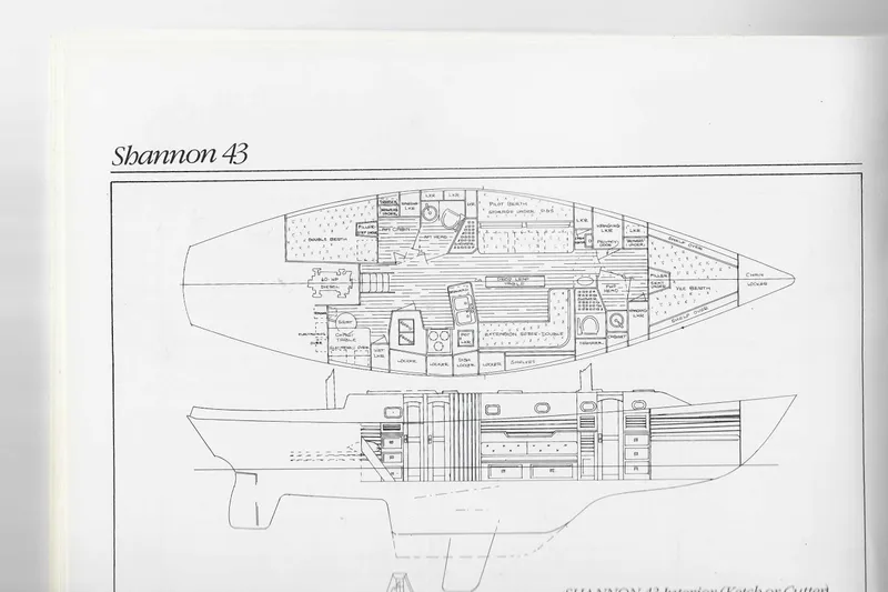 Slide: The Image of Blueprint of 1985 Shannon 43 Ketch sailboat, showcasing interior layout and design details. - 13