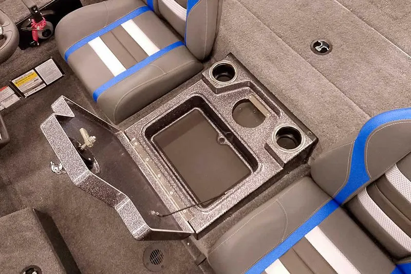 Slide: The Image of 2026 Ranger RT198P Fishing Package interior with storage compartment and cup holders. - 20