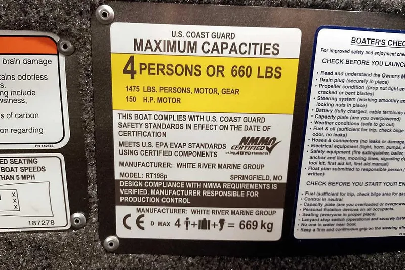 Slide: The Image of 2026 Ranger RT198P Fishing Package capacity label, 4 persons or 660 lbs, safety compliance. - 23