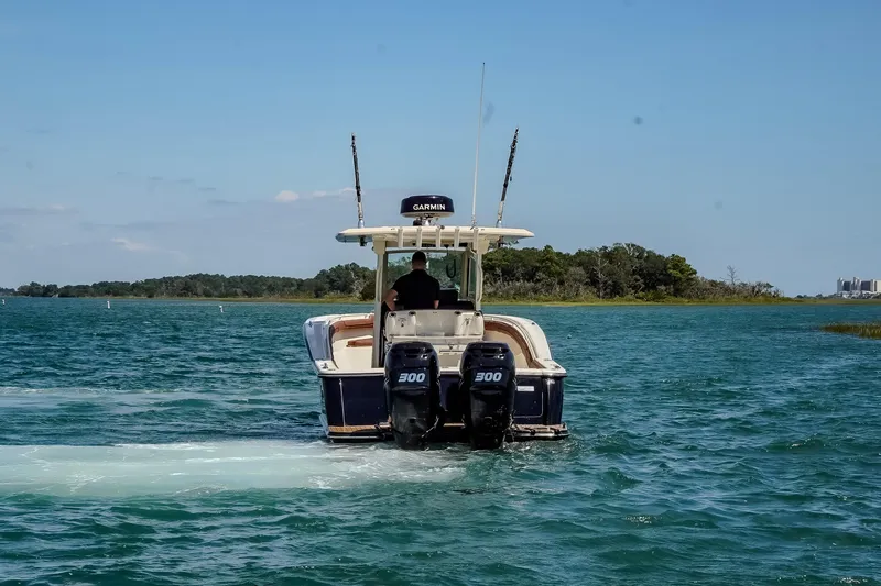 Slide: The Image of 2017 Scout 300 LXF boat cruising on a clear blue lake. - 8