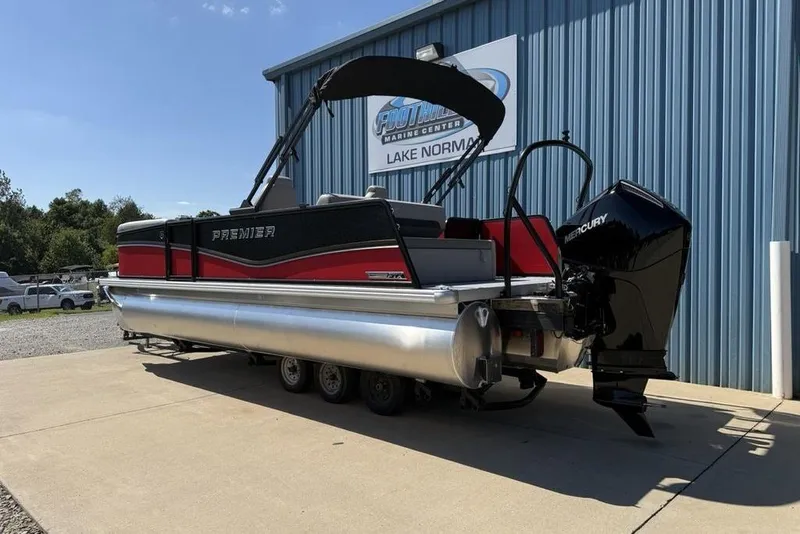Slide: The Image of 2026 Premier 220 SUNSCAPE RL pontoon boat with Mercury engine at marina. - 4