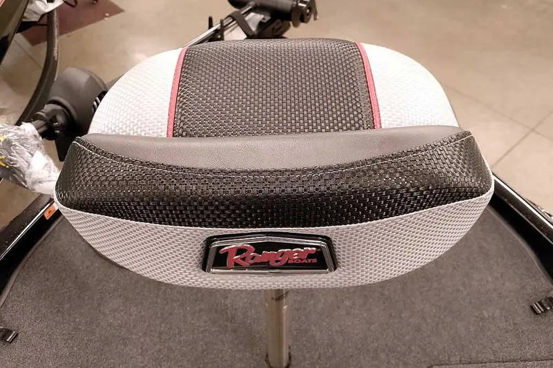Slide: The Image of Ranger Z185 Z Pack 2025 boat seat with textured design and logo. - 18