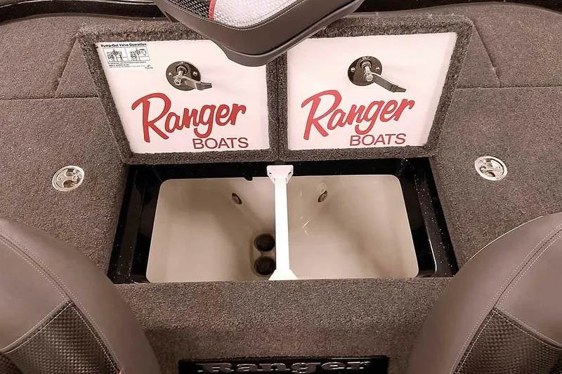 Slide: The Image of 2025 Ranger Z185 Z Pack Equipped boat storage compartment with Ranger Boats branding. - 26