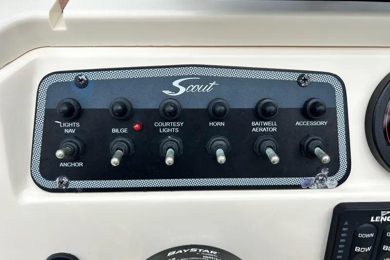 Slide: The Image of Control panel of 2021 Scout 175 Dorado boat with labeled switches. - 16