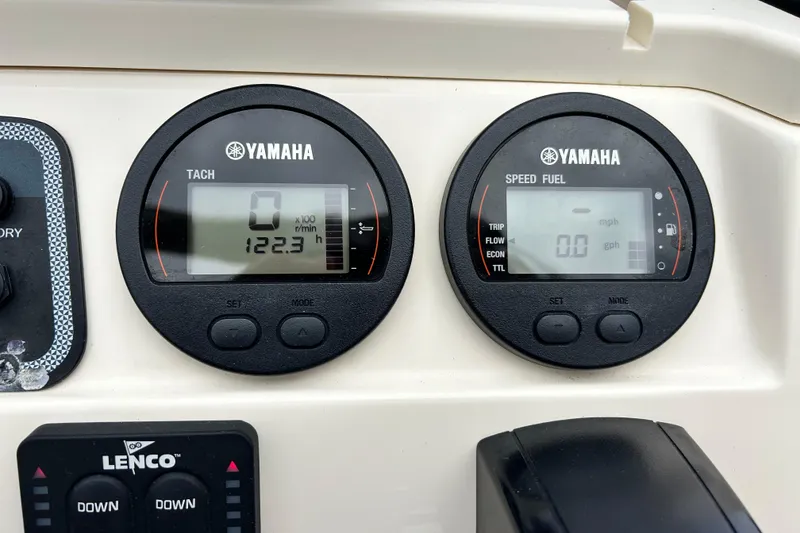 Slide: The Image of Yamaha gauges on 2021 Scout 175 Dorado boat dashboard, displaying tachometer and speed fuel data. - 27