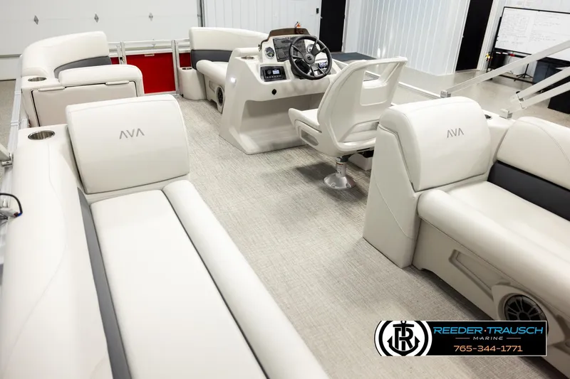 Slide: The Image of Luxurious interior of 2026 Avalon VLS QL pontoon boat with plush seating. - 11