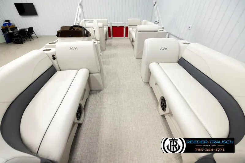 Slide: The Image of Luxurious interior of 2026 Avalon VLS QL pontoon boat with plush seating and modern design. - 13