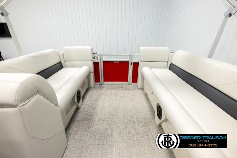 Slide: The Image of 2026 Avalon VLS QL boat interior with white seating and red accents. - 15