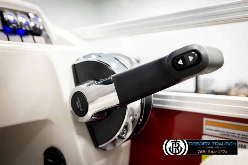 Slide: The Image of Close-up of 2026 Avalon VLS QL throttle control lever in a marine setting. - 34