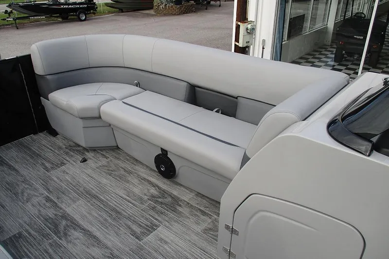 Slide: The Image of 2026 Bentley Pontoons Legacy 240 Navigator interior with sleek gray seating and modern design. - 15