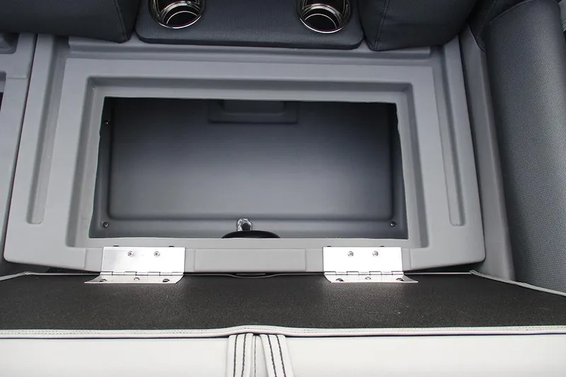 Slide: The Image of 2026 Bentley Pontoons Legacy 240 Navigator storage compartment with open lid. - 22