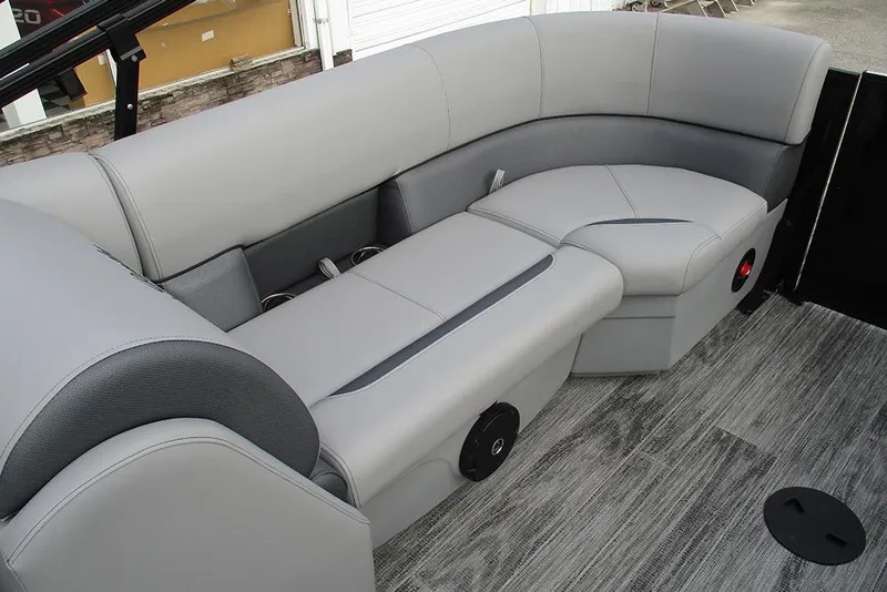 Slide: The Image of 2026 Bentley Pontoons Legacy 240 Navigator interior with sleek gray seating and modern design. - 24