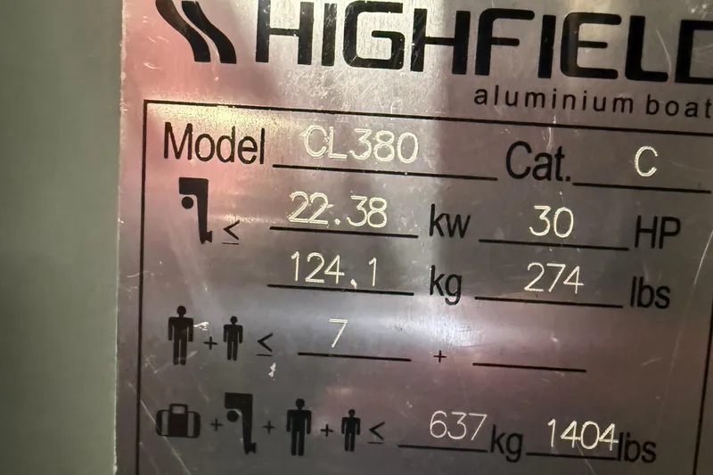 Slide: The Image of 2023 Highfield Classic 380 FCT specifications plate with power and capacity details. - 10