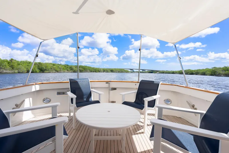 Slide: The Image of Aft deck of 1995 Fleming 55 yacht with seating, table, and scenic river view. - 35