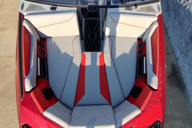 Slide: The Image of 2026 ATX Surf Boats 22 Type-S interior with red and gray seating, top view. - 5