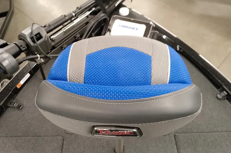 Slide: The Image of 2025 Ranger Z518 Ranger Cup Equipped boat seat with blue and gray upholstery. - 21