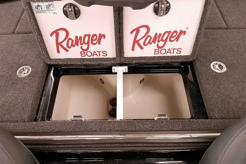 Slide: The Image of 2025 Ranger Z518 Ranger Cup Equipped boat storage compartments open. - 33