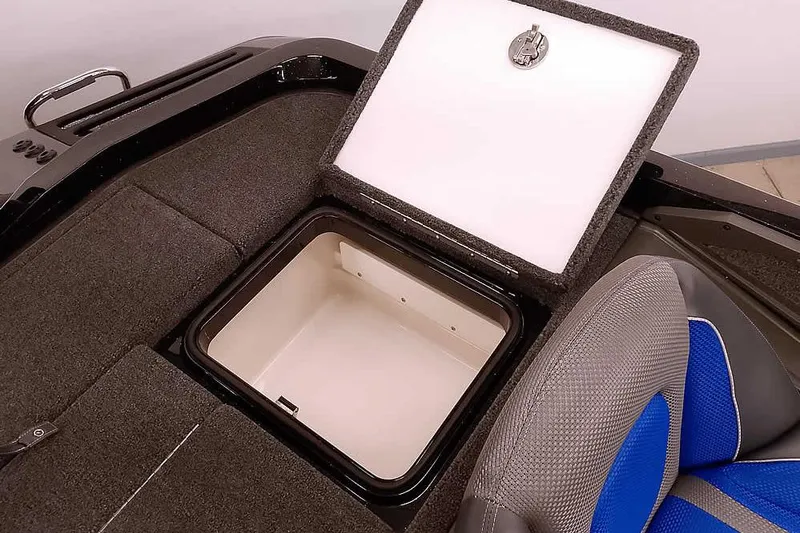 Slide: The Image of 2025 Ranger Z518 Ranger Cup Equipped boat storage compartment with open lid and seating. - 34