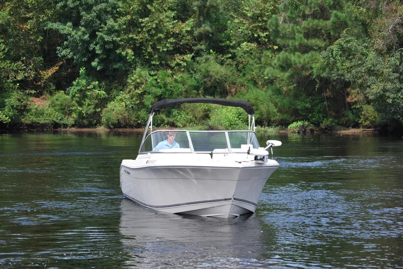 Slide: The Image of 2015 Cobia 220 Dual Console boat cruising on a calm river with lush green trees. - 2