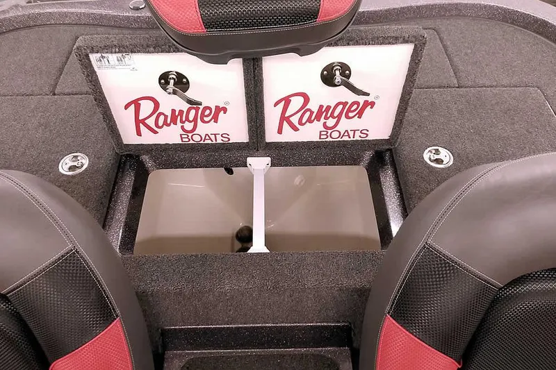 Slide: The Image of Interior of 2025 Ranger Z185 boat with storage compartments and seating. - 22
