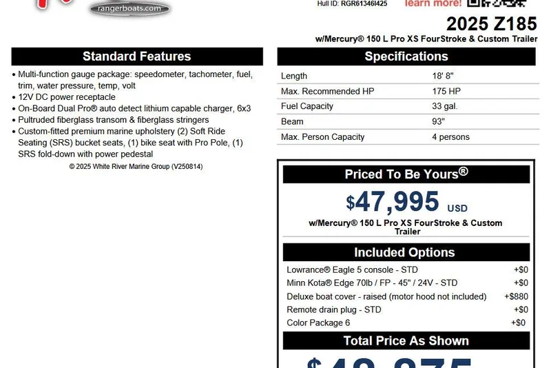 Slide: The Image of 2025 Ranger Z185 boat specifications and pricing details with included options and features. - 31